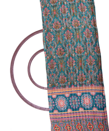 Teal Colour Floral Digital Print Pleated Chinon Fabric